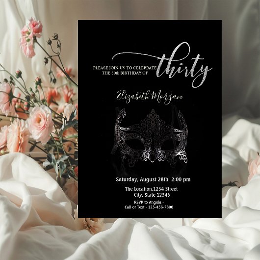 Invitation Mascarade, Masque Argent Noir 30e anniversaire