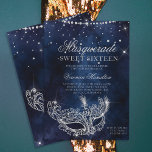 Invitation Mascarade masque argent parties scintillant scinti<br><div class="desc">Un sweet sixteen moderne,  chic et glamour avec un masque de mascarade en parties scintillant argentée dessiné à la main avec un diamant en parties scintillant argentée scintille sur un arrière - plan bleu marine foncé aquarelle.</div>