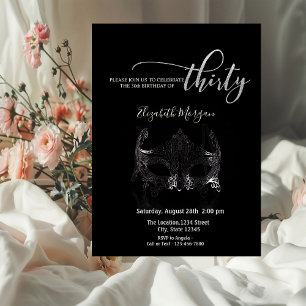 Invitation Mascarade,Masque argenté sur fond noir 30e anniver