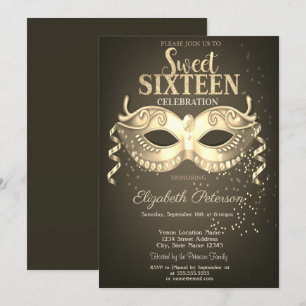 Invitation Mascarade, Masque, Confettis Sweet 16 Or