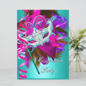 Invitation Mascarade Masque de fête Turquoise rose métal (Debout devant)