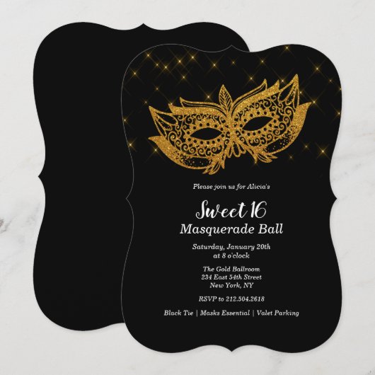 Invitation Mascarade Masque Doré pour Sweet 16 (Devant / Derrière)