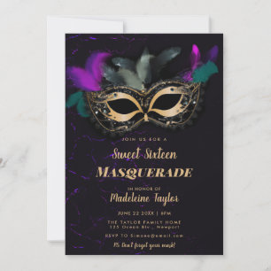 Invitation Mascarade Masque Hot rose Or Black Sweet 16 Party
