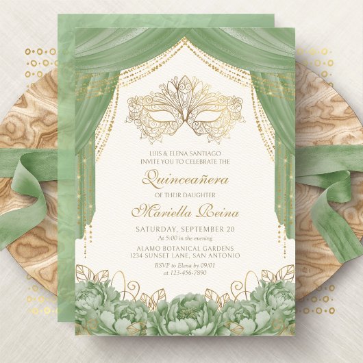 Invitation Mascarade Masque moderne Sage Green Quinceanera