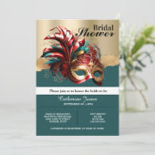 Invitation Mascarade masque vénitienne plumes douche nuptiale (Debout devant)