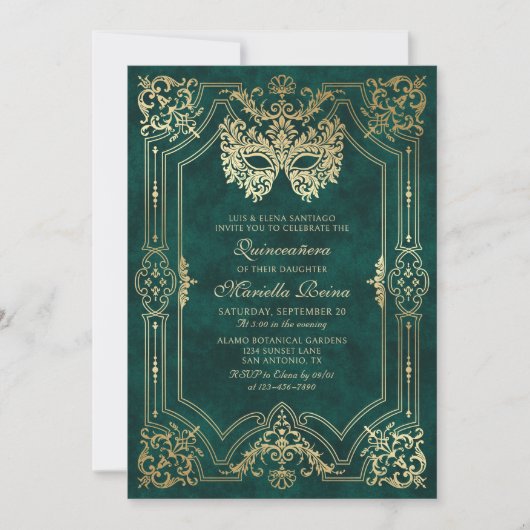 Invitation Mascarade Masque Vert Elégant Quinceanera (Devant)