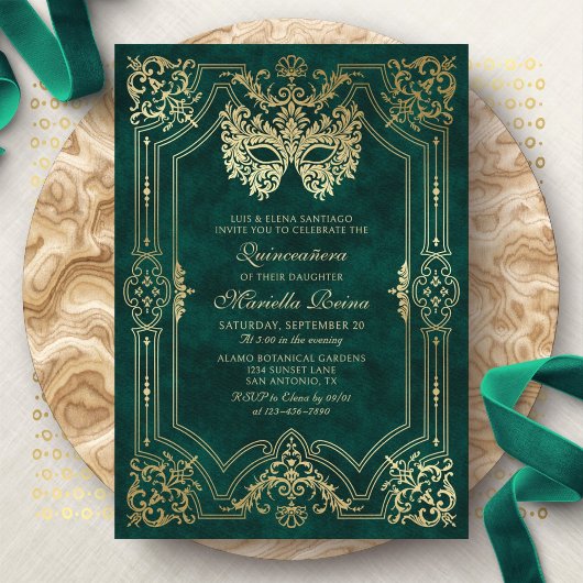 Invitation Mascarade Masque Vert Elégant Quinceanera