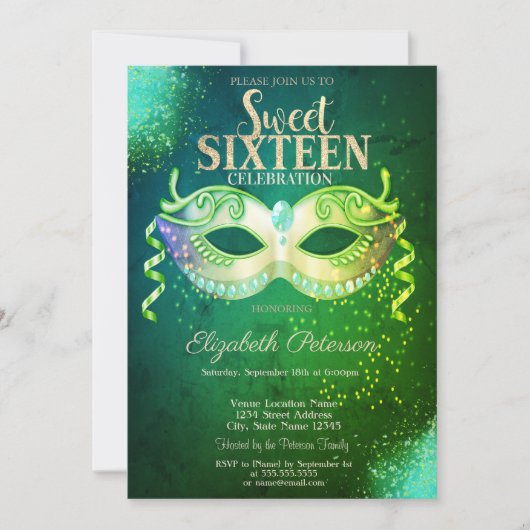 Invitation Mascarade, Masque, Vert Sweet 16 Or (Devant)