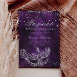 Invitation Mascarade masque violet argent parties scintillant<br><div class="desc">Un sweet sixteen moderne,  chic et glamour avec un masque de mascarade en parties scintillant argentée dessiné à la main avec un diamant en parties scintillant argentée scintille sur un arrière - plan d'aquarelle violet foncé.</div>