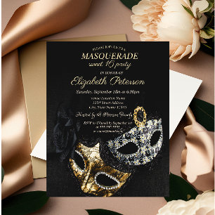 Invitation Mascarade Noire Élégante, Masque Sweet 16