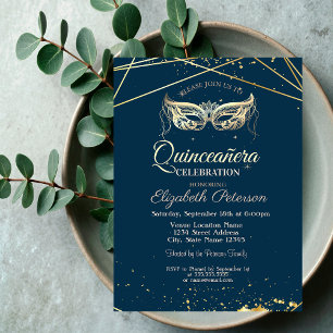 Invitation Mascarade, Or, Marine Blue Quinceañera