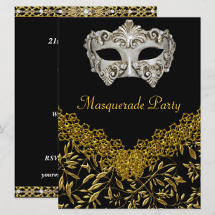 Invitation Mascarade Or Noir Fête de Naissance Glamour Chaud
