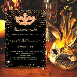 Invitation Mascarade or noir parties scintillant poussière Sw<br><div class="desc">Pour une Masquerade élégante, Sweet 16, 16e anniversaire. Un arrière - plan noir élégant. Décoré avec de la poussière de parties scintillant en faux or et un masque masqué. Personnalisez et ajoutez un nom, un âge et des détails de la fête. Le nom est écrit avec un script de style...</div>