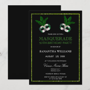 Invitation Mascarade Pailletée Verte Étincelante 50e Annivers