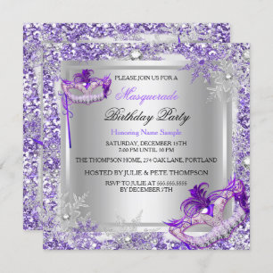 Invitation Mascarade Purple Silver Flakes Fête des masques