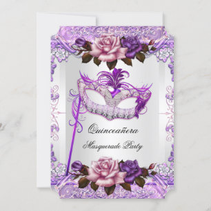 Invitation Mascarade Quinceanera Argent Rose Violet Pourpre