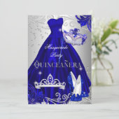 Invitation Mascarade Quinceanera bleu Robe Argent talons (Debout devant)