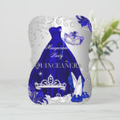 Invitation Mascarade Quinceanera bleu Robe Argent talons (Debout devant)