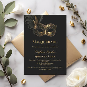 Invitation Mascarade Quinceanera en or noir