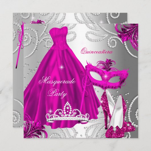 Invitation Mascarade Quinceanera Party Rose robe d'argent (Devant / Derrière)