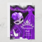 Invitation Mascarade Quinceanera Plumes violet noir 2a (Devant)