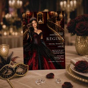 Invitation Mascarade Quinceañera Rouge et Noir