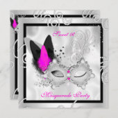 Invitation Mascarade rose chaud doux 16 fêtes Masque argent 2 (Devant / Derrière)