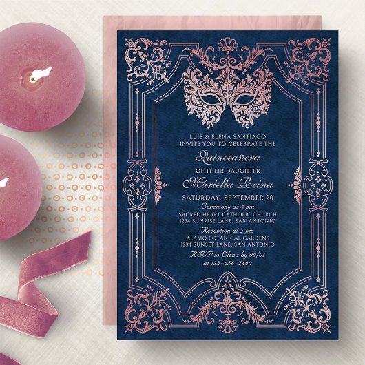 Invitation Mascarade rose élégant Quinceanera