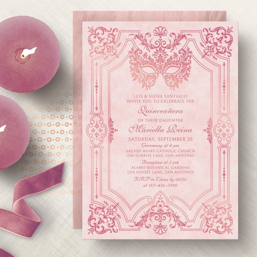 Invitation Mascarade rose élégant Quinceanera