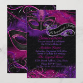 Invitation Mascarade rose et pourpre Quinceanera d'étincelle (Devant / Derrière)