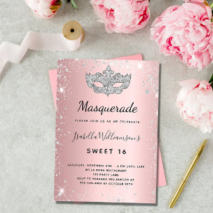Invitation Mascarade rose pâle argent Sweet 16 luxe