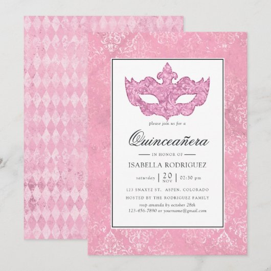 Invitation Mascarade rose vintage Quinceañera (Devant / Derrière)