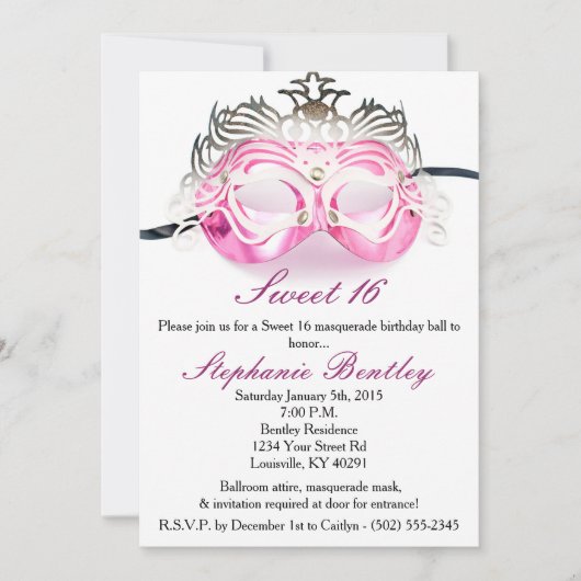 Invitation Mascarade rose Zebra Sweet 16 Anniversaire Invitat (Devant)