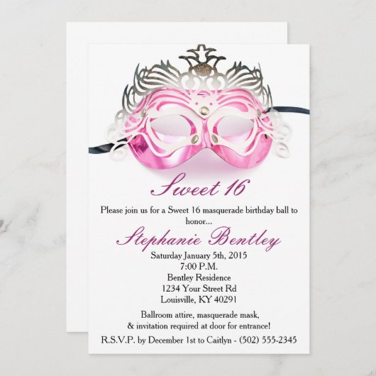 Invitation Mascarade rose Zebra Sweet 16 Anniversaire Invitat (Devant / Derrière)