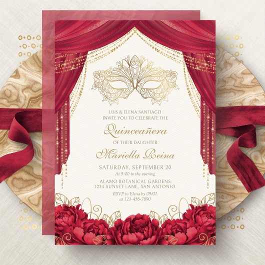 Invitation Mascarade rouge Mascaré moderne Quinceanera
