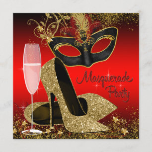 Invitation Mascarade rouge noir et or fête d'anniversaire