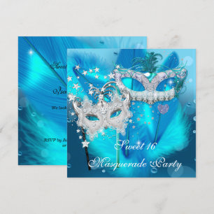Invitation Mascarade Sweet 16 Masque Plume Bleu Canard 3