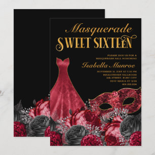 Invitation Mascarade Sweet 16 Noir Rouge Or 16e Anniversaire