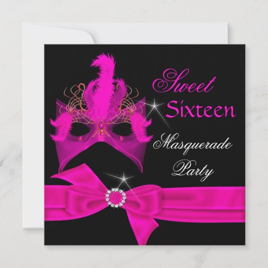 Invitation Mascarade Sweet 16 Seize Masque Rose Chaud Fête (Devant)