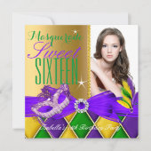 Invitation Mascarade Sweet 16 Violet Vert Or (Devant)