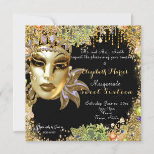 Invitation Mascarade, Sweet sixteen, Dentelle Parties scintil