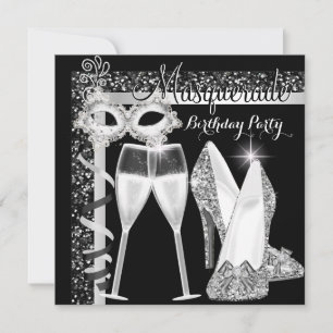 Invitation Mascarade Talons Hauts Argent Noir Champagne Soiré