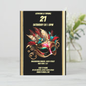 Invitation Mascarade thème carnaval bleu or turquoise masque (Debout devant)