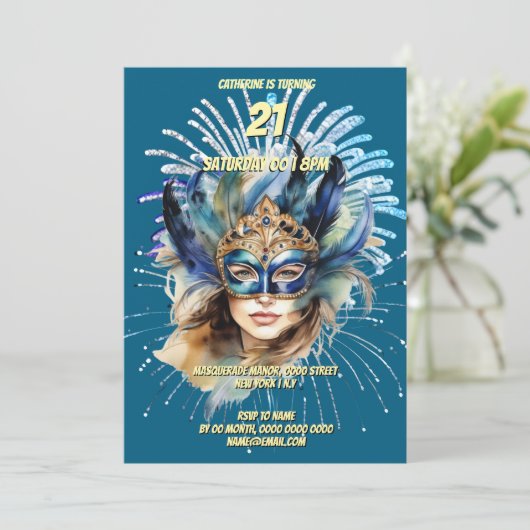 Invitation Mascarade thème carnaval masque feu d'artifice mas (Debout devant)