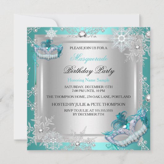 Invitation Mascarade Turquoise Blue Silver Snowflakes Fête de (Devant)