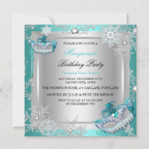 Invitation Mascarade Turquoise Blue Silver Snowflakes Fête de