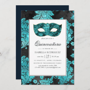 Invitation Mascarade Turquoise vintage Damask Quinceañera