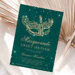 Invitation Mascarade vert or parties scintillant masque Sweet<br><div class="desc">Un sweet sixteen moderne,  chic et glamour avec un masque de parties scintillant en or dessiné à la main avec un diamant en parties scintillant d'or scintille sur un arrière - plan vert éditable avec parties scintillant en or à l'arrière.</div>