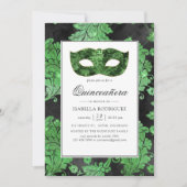 Invitation Mascarade vintage verte et noire Quinceañera (Devant)