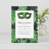 Invitation Mascarade vintage verte et noire Quinceañera (Debout devant)